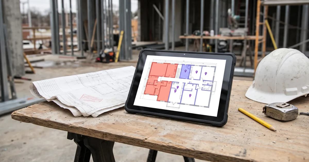Tablette sur une table de chantier affichant un plan avec deux versions superposées, zones retirées en rouge et ajoutées en bleu, à côté d’un ancien plan imprimé et d’un casque