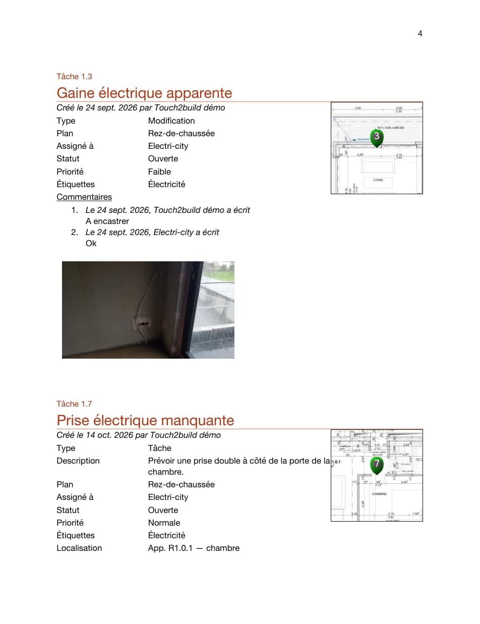 Fiche d’une tâche dans un rapport Word généré par Touch2build : détails, extrait du plan et photo