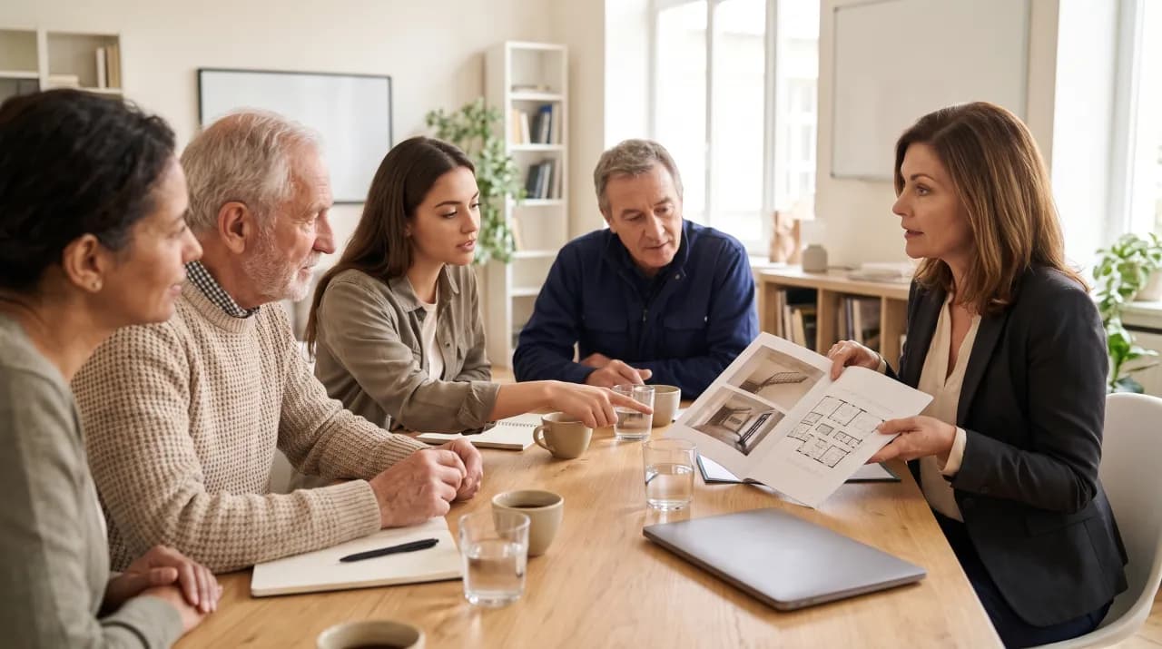 Réunion de copropriétaires : la gestionnaire présente un rapport illustré avec photos et plan