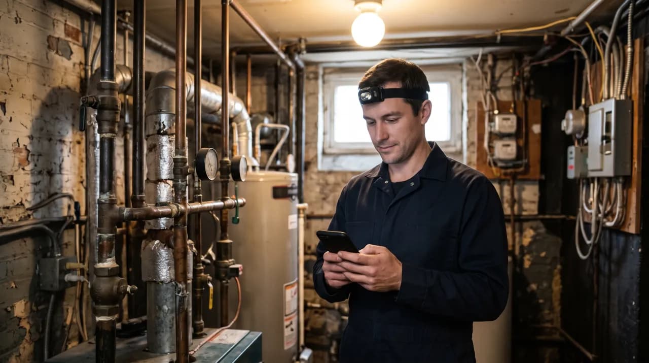 Plombier consultant son téléphone dans la chaufferie d’un immeuble