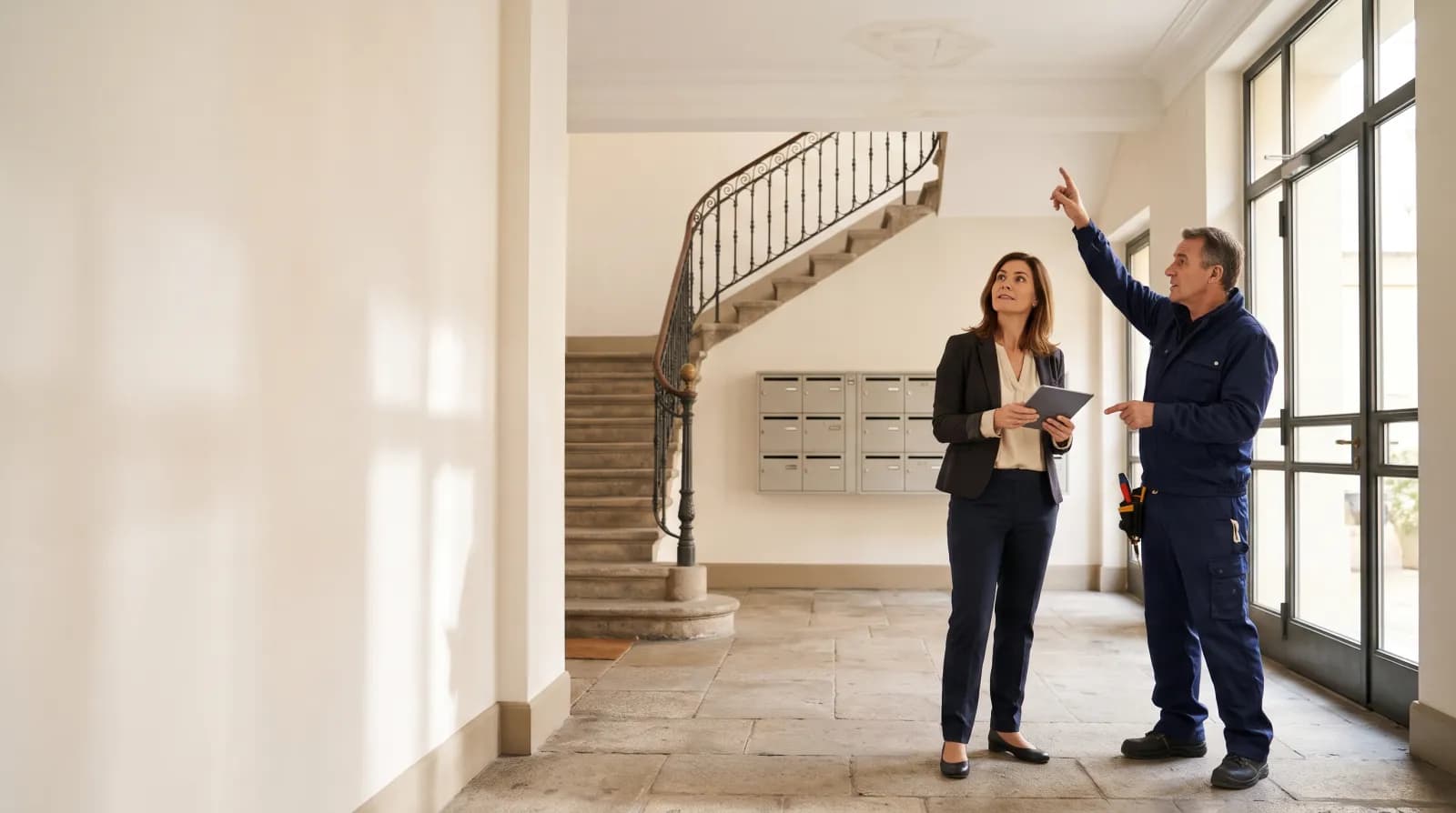 Gestionnaire de copropriété avec une tablette dans le hall d’un immeuble, un technicien lui montre le plafond
