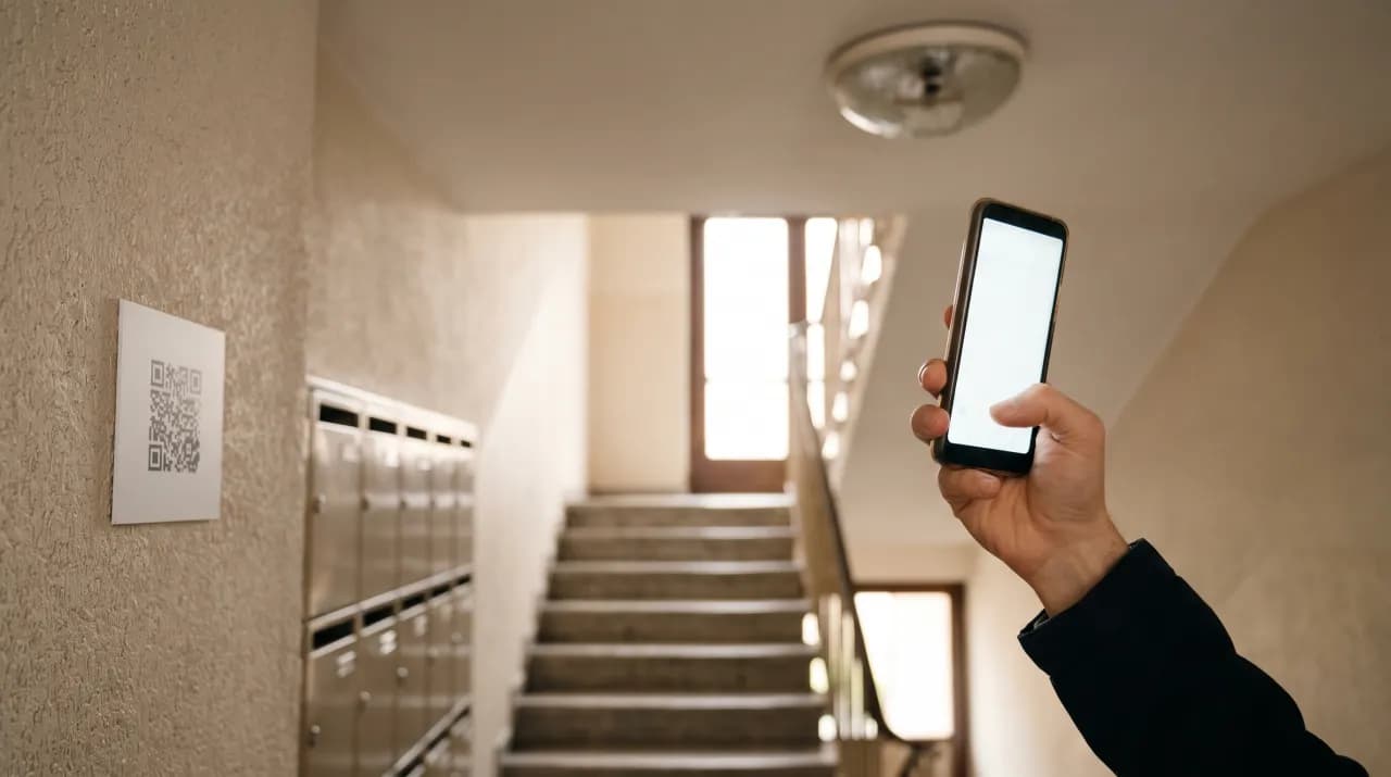 QR code affiché près des boîtes aux lettres d’un hall d’immeuble, un résident photographie le plafonnier avec son téléphone