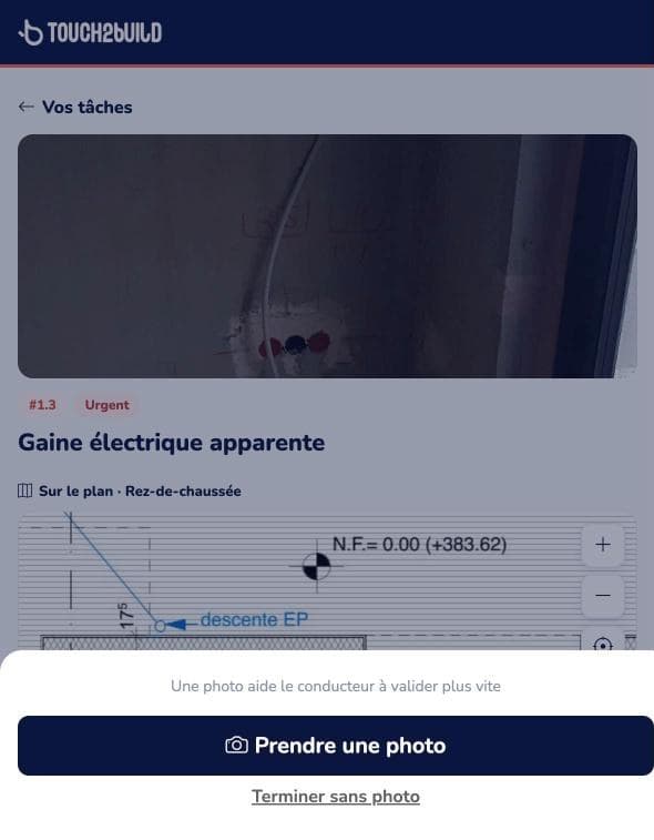 Page d’une entreprise sur téléphone : après « C’est fait », proposition de prendre une photo ou de terminer sans photo