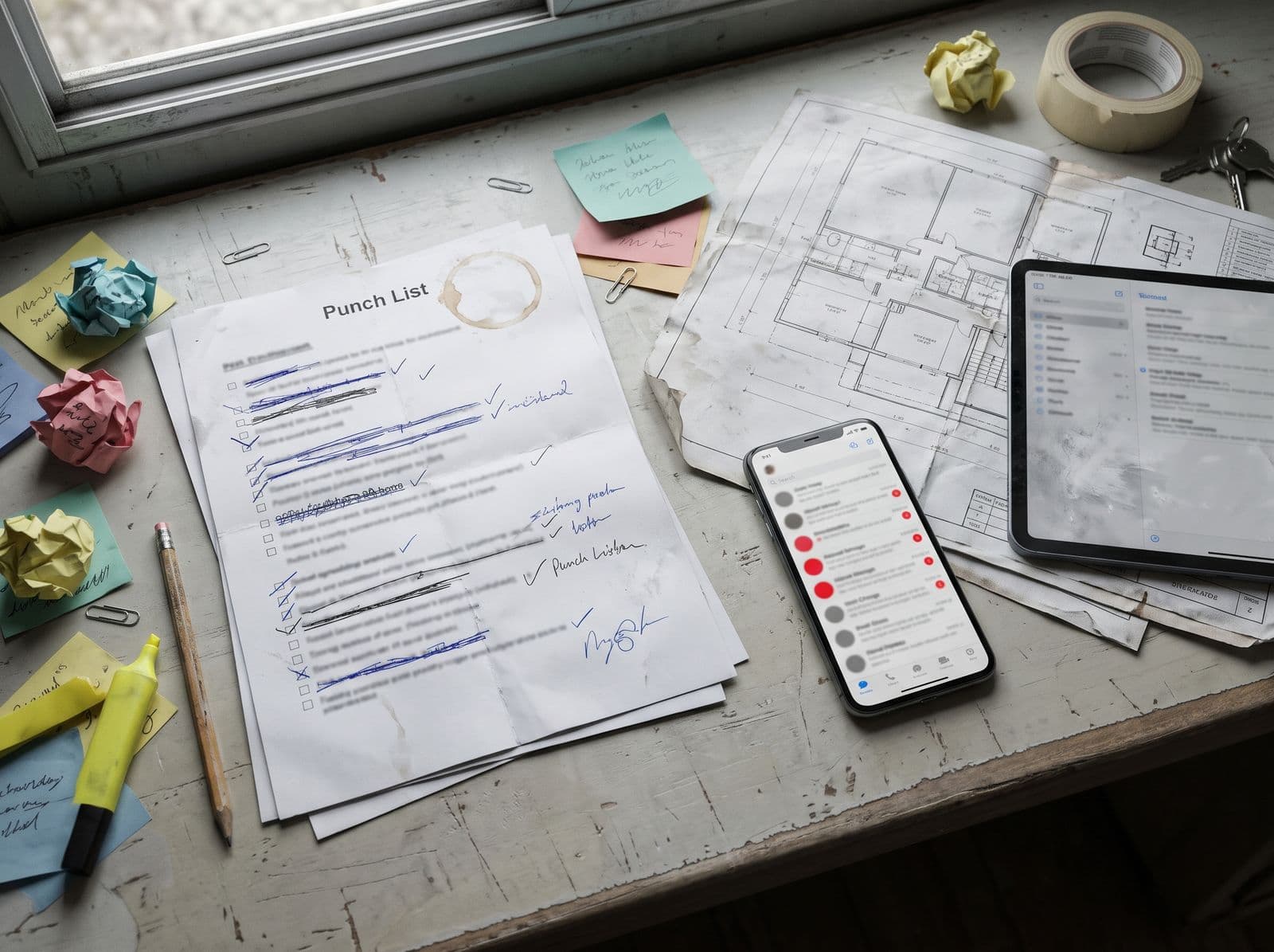 Bureau de chantier encombré : liste de réserves imprimée et raturée, post-it, plan froissé et téléphone plein de messages non lus