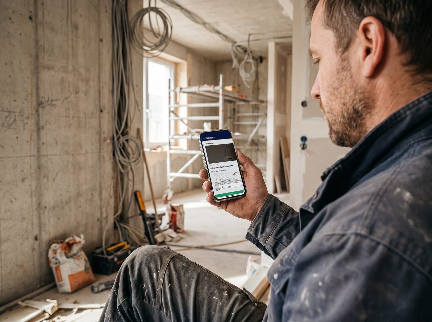 Un électricien sur chantier consulte sur son téléphone la tâche que le conducteur de travaux lui a envoyée, avec sa position sur le plan