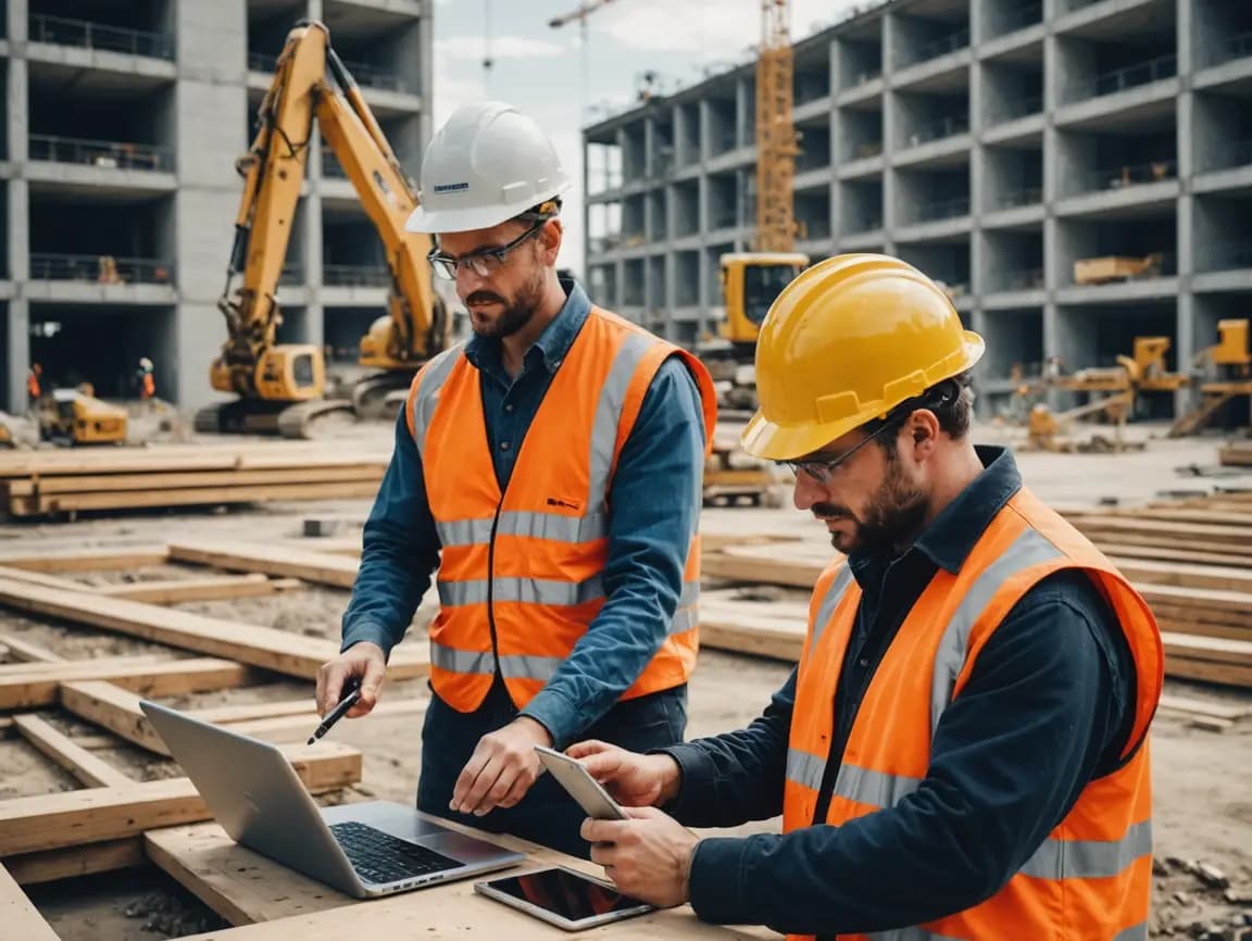 Deux ingénieurs en gilet orange utilisent ordinateur portable et tablette sur un chantier d’immeubles