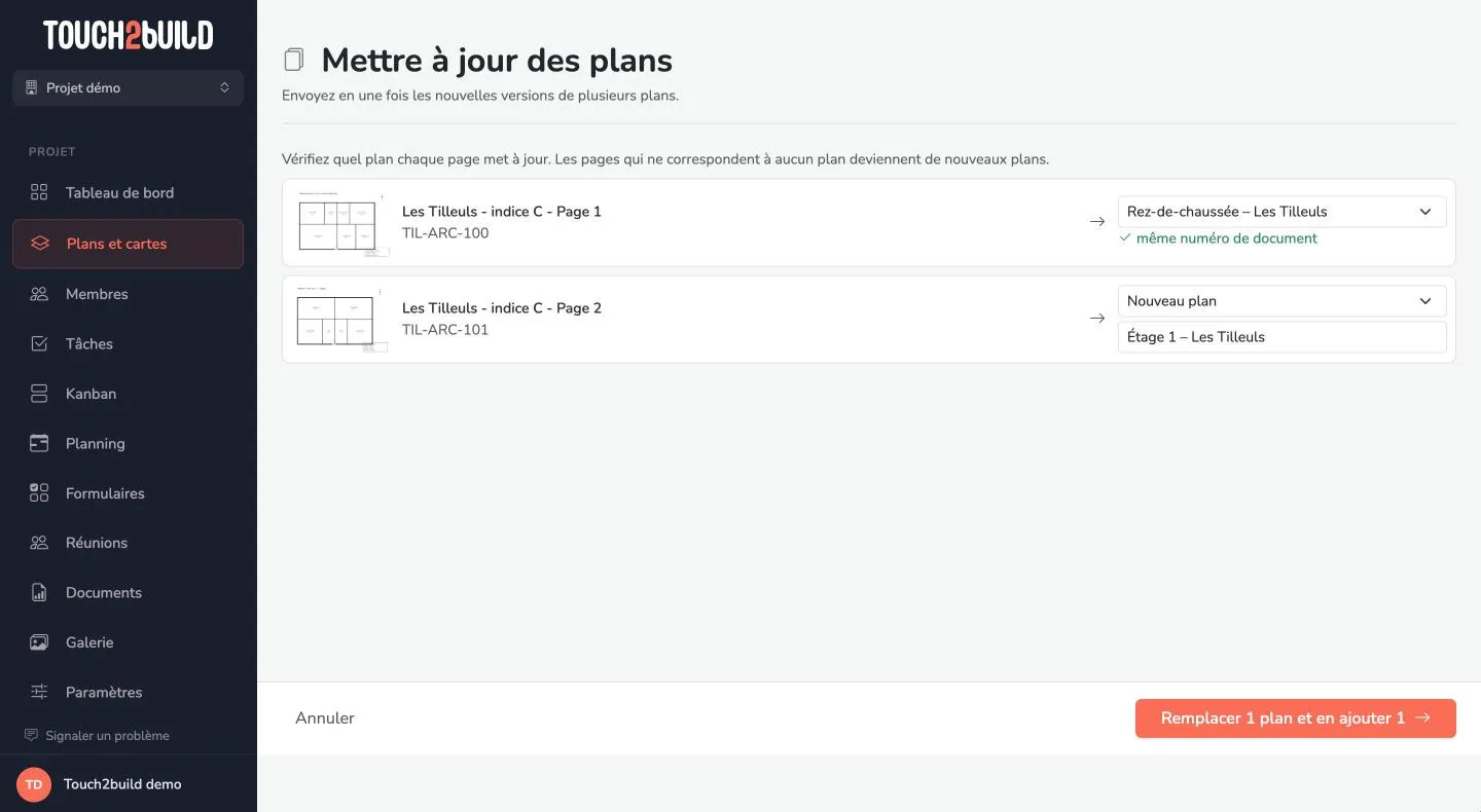 Mise à jour de plusieurs plans dans Touch2build : chaque page du PDF est associée au plan qu’elle remplace