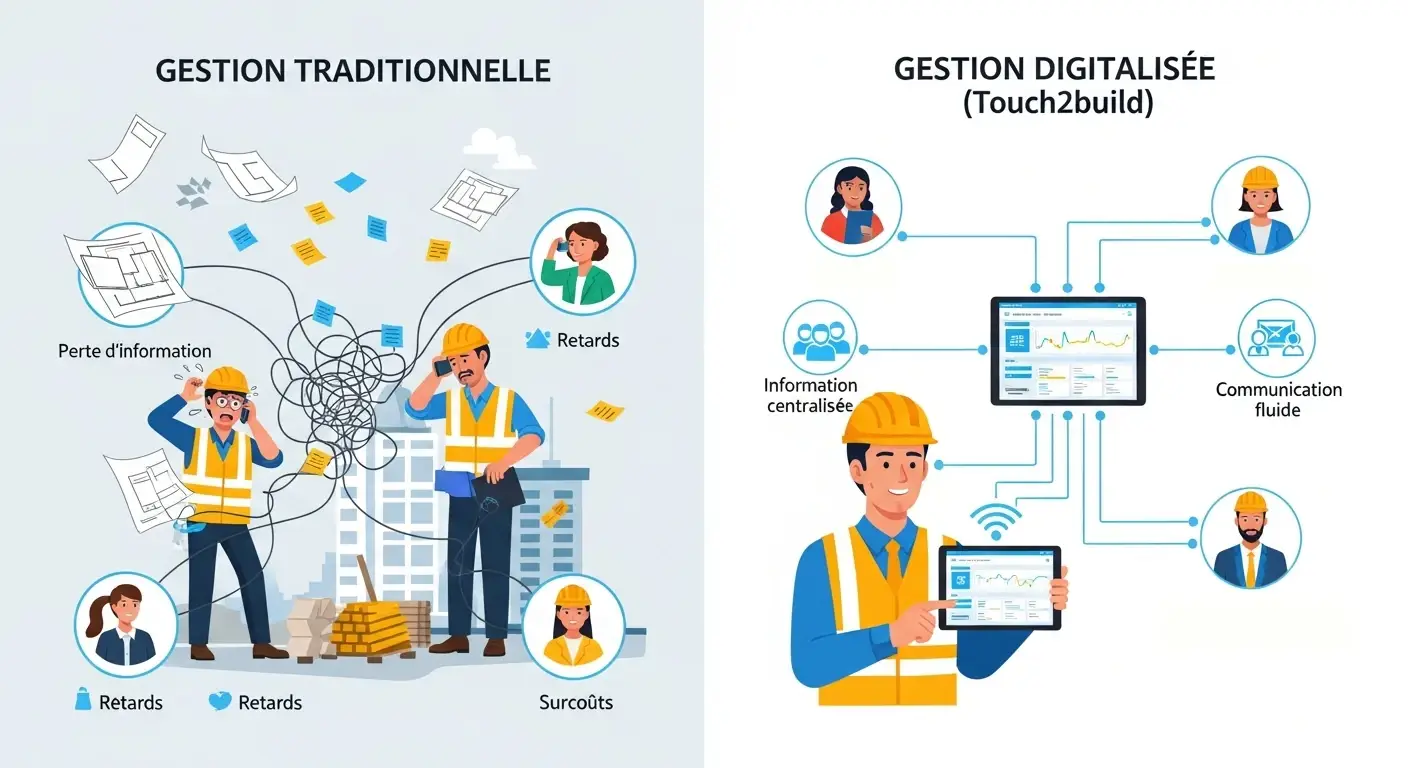 Infographie : comparaison entre gestion de chantier traditionnelle chaotique et gestion digitalisée centralisée avec Touch2build sur tablette.